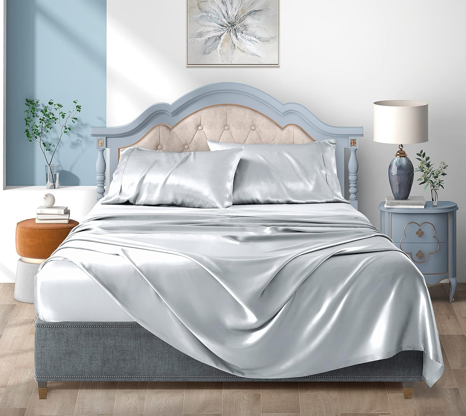 Satin Bed Sheets Twin Sheets, Silver Grey Silk Sheets, 3 - Pieces Soft Bedding Set with 1 Deep Pocket Fitted Sheet,1 Flat Sheet,1 Pillowcase